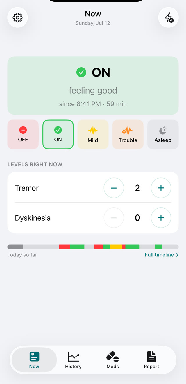 PD Tracker — Now screen with motor-state check-in
