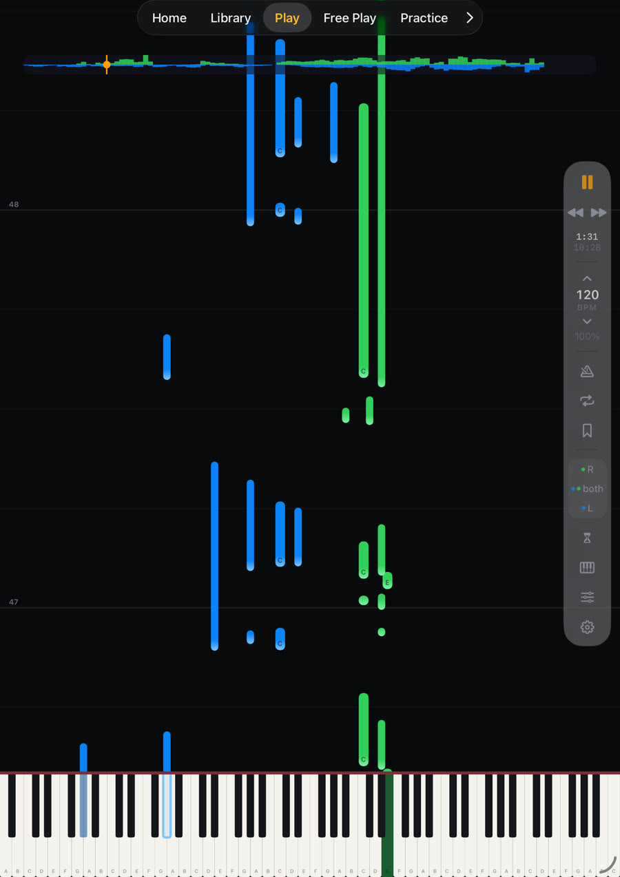 Piano trainer — falling notes over an 88-key keyboard
